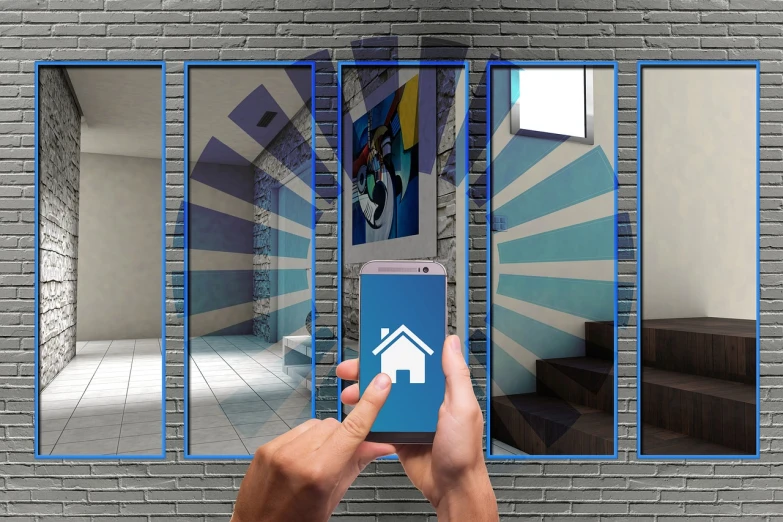 a person holding a smart phone in front of a brick wall, a digital rendering, by Douglas Shuler, pixabay, modernism, doors that are cosmic portals, people looking at a house, blue and gray colors, security camera photo