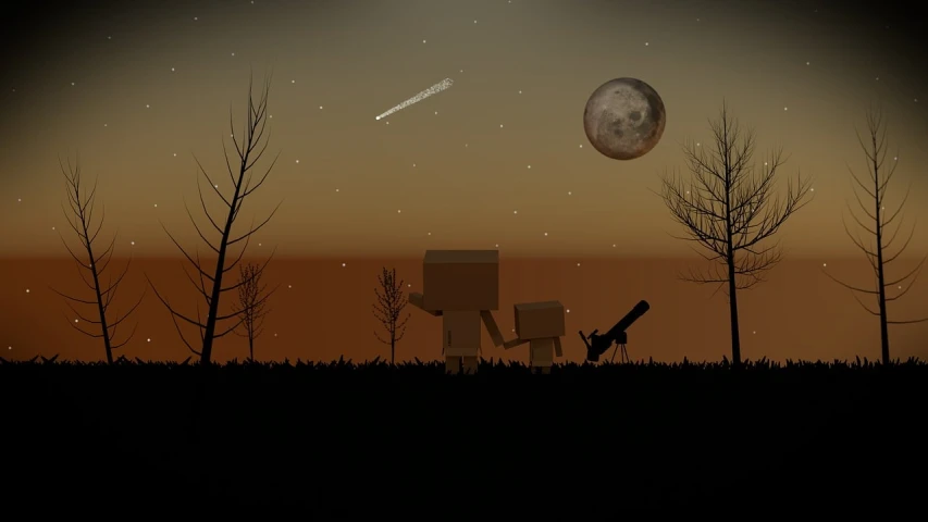 a couple of people that are standing in the grass, a low poly render, deviantart contest winner, moonlit night sky, taken through a telescope, in game pathologic 2, 8bit game. cute! c4d