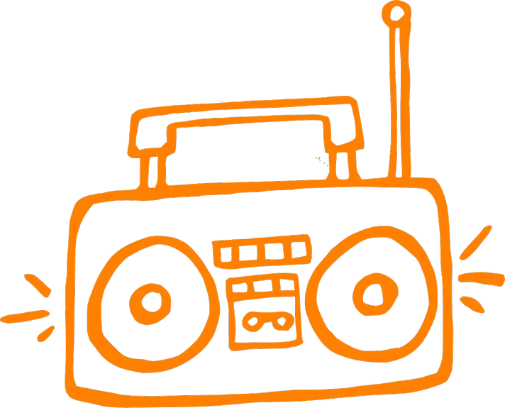 a drawing of a radio on a black background, flickr, graffiti, an orange, boombox, background image, various artists
