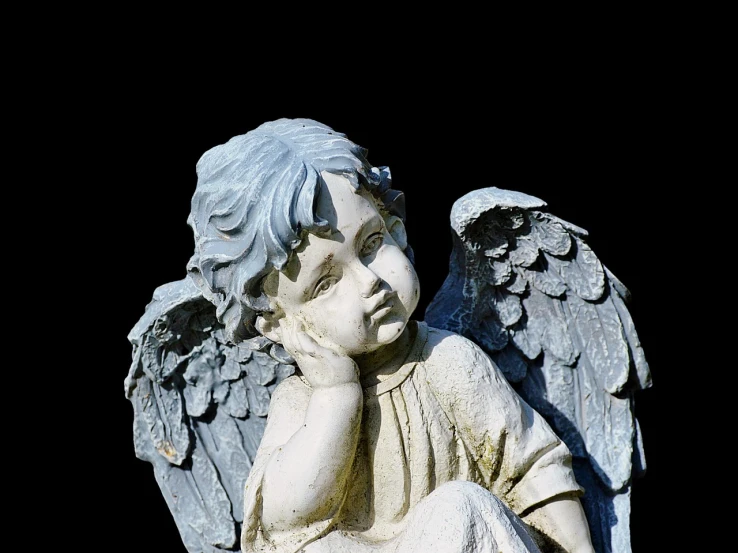 a close up of a statue of an angel, pixabay, young child, with a black background, istock, resting on a tough day