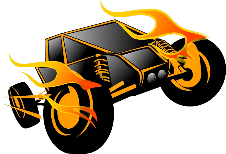 a cartoon car with flames coming out of it, inspired by Ed Roth, pixabay contest winner, auto-destructive art, black and orange, trophy truck, bladerunner car, gold