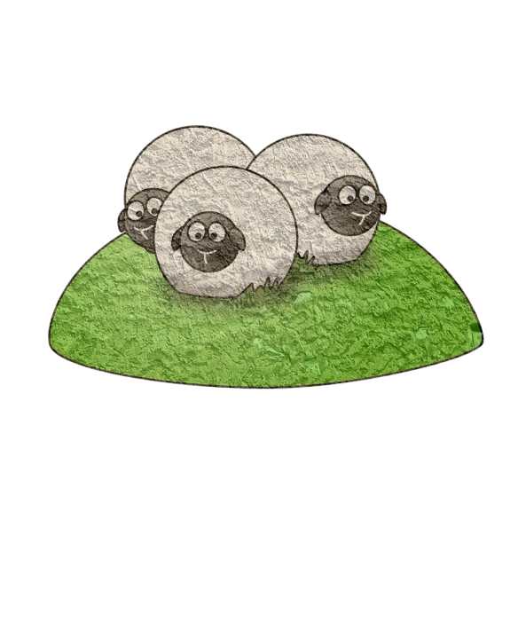 a couple of sheep laying on top of a lush green field, an illustration of, petri dish art. animal eyes, on a dark rock background, vignette illustration, three animals