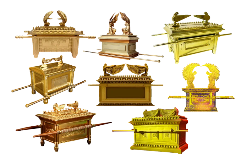 a collection of golden items on a black background, sots art, 3 d models, noah's ark, large temples, virtual set