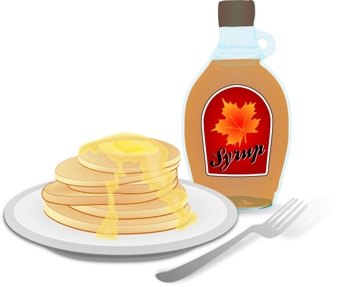 a plate topped with pancakes next to a bottle of syrup, an illustration of, pixabay, rasquache, maple syrup, clip art, -4, spoon