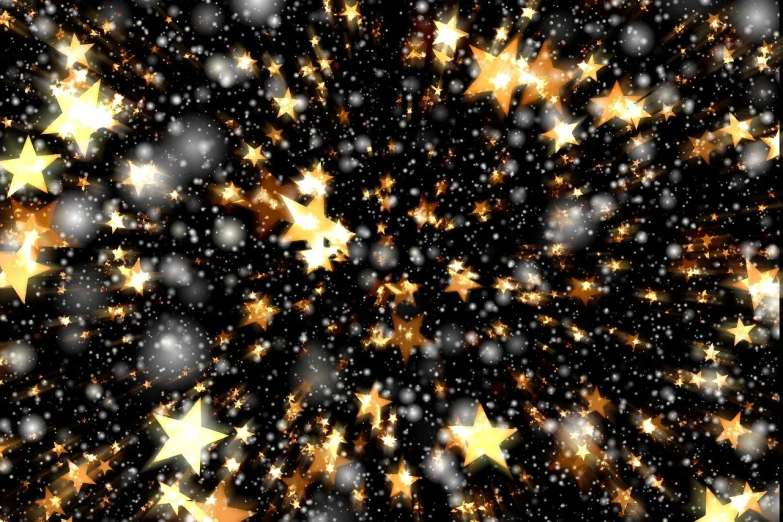 a bunch of gold stars on a black background, digital art, digital art, fireflies!!, snow flurry, stars and paisley filled sky, glitter gif