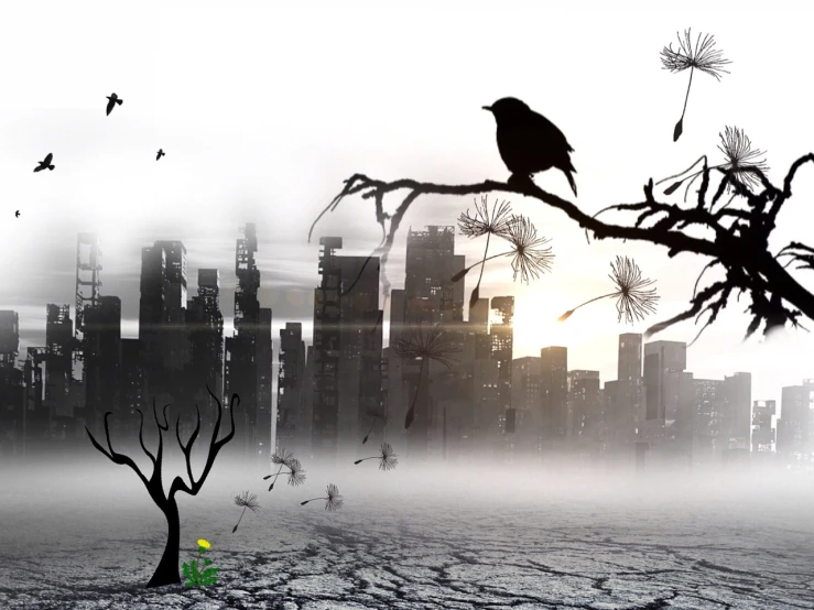 a black bird sitting on top of a tree branch, a matte painting, inspired by Igor Zenin, pixabay contest winner, environmental art, destroyed city in the background, foggy dystopian world, melting reality, destroyed city