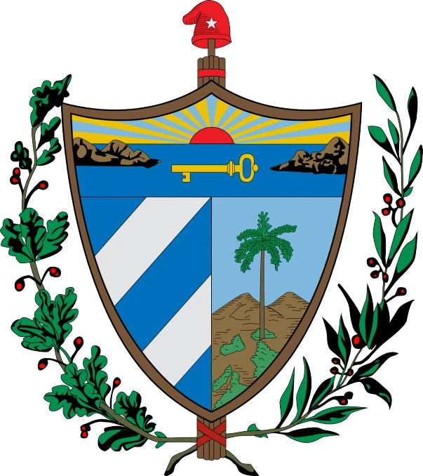 a coat of arms in the shape of a shield, an illustration of, fine art, cuba, in the art style of quetzecoatl, somalia, schools