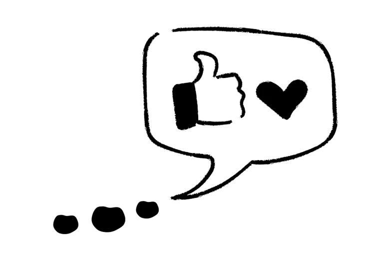 a drawing of a thumbs up and a heart in a speech bubble, a picture, inspired by Masamitsu Ōta, tumblr, inky illustration, logo for a social network, [ bubbles, looking to the right