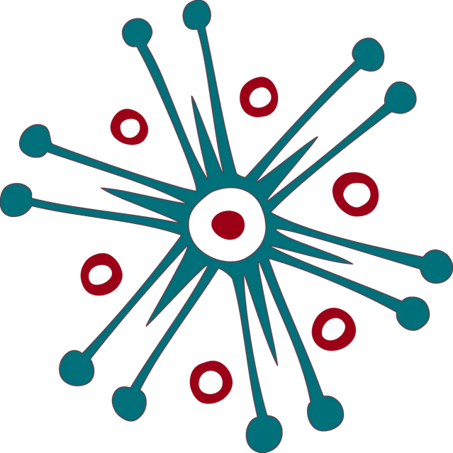 a blue and red snowflake on a black background, inspired by Otto Piene, reddit, nuclear art, rounded lines, red and teal color scheme, varying dots, cartoonish and simplistic