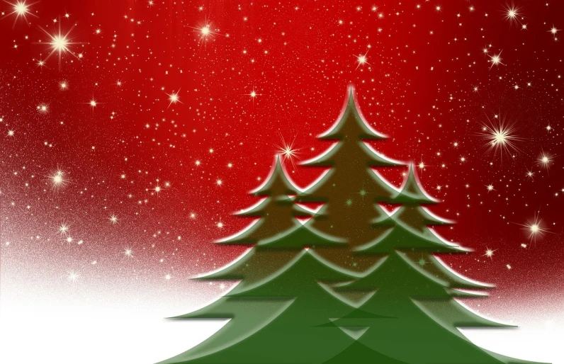 a group of christmas trees sitting on top of a snow covered ground, inspired by Ernest William Christmas, background is made of stars, scarlet background, high res photo, broad detail