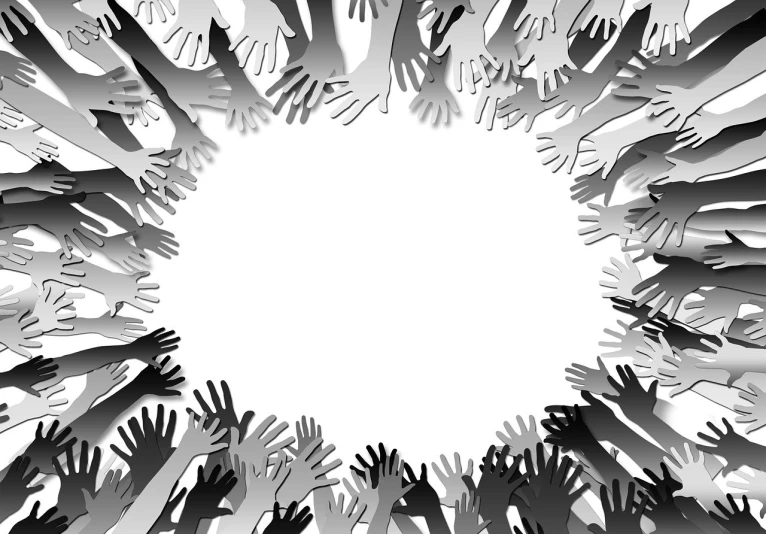 a group of people holding their hands in a circle, a black and white photo, conceptual art, clean cel shaded vector art, many arms, whole page illustration, riot background