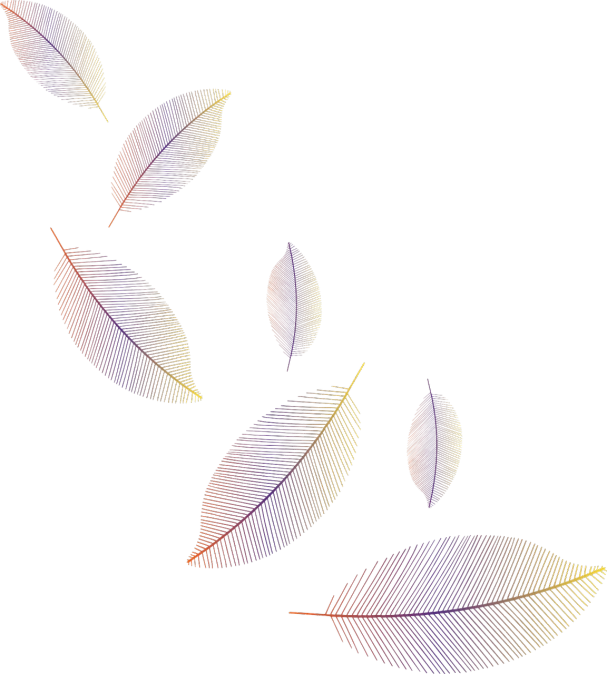 a group of colorful leaves flying in the air, a digital rendering, computer art, crosshatch sketch gradient, on a flat color black background, iridiscent gradient, right side composition