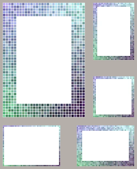 a set of four different colored squares on a gray background, a mosaic, by Hasegawa Settan, gradient white blue green, picture frames, mirror, sequins