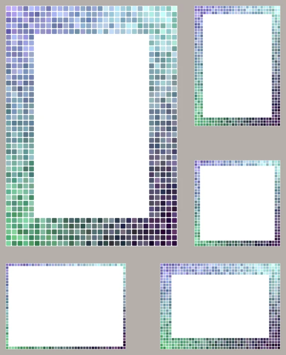 a set of four different colored squares on a gray background, a mosaic, by Hasegawa Settan, gradient white blue green, picture frames, mirror, sequins