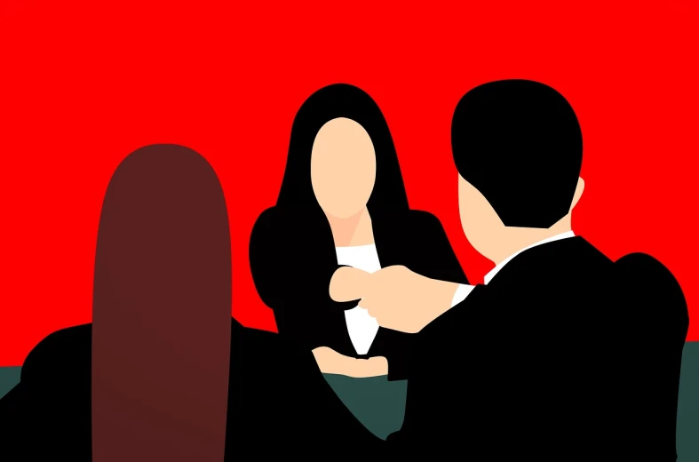 a man and a woman sitting next to each other, vector art, digital art, red tie, babies in her lap, giving an interview, leaked image