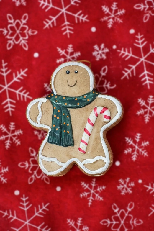 a close up of a gingerbread with a candy cane, a portrait, pexels, he‘s wearing a red scarf, avatar image, product photograph, miniature product photo