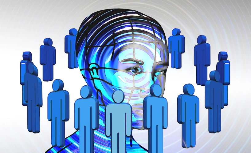 a woman is surrounded by a group of people, digital art, by Jon Coffelt, pixabay, digital art, robot head and man head, blue holographic face, man with thin lines on the face, istockphoto