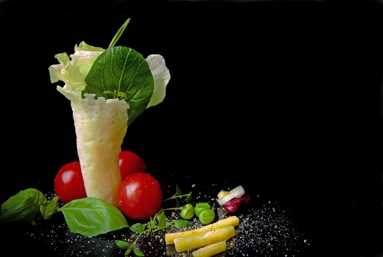 a close up of fruits and vegetables on a table, a stock photo, molecular gastronomy, caesar, cone, on a black background