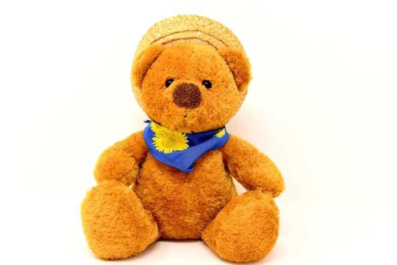 a brown teddy bear wearing a blue and yellow scarf, a stock photo, sōsaku hanga, high quality product photo
