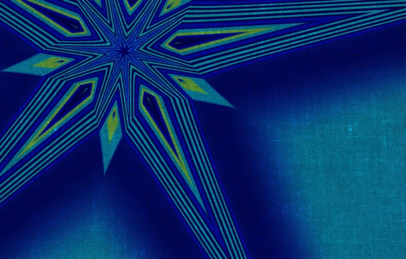 a close up of a star on a blue background, a digital rendering, inspired by Joseph Stella, abstract illusionism, linen, iridiscent fabric, banner, tapestry