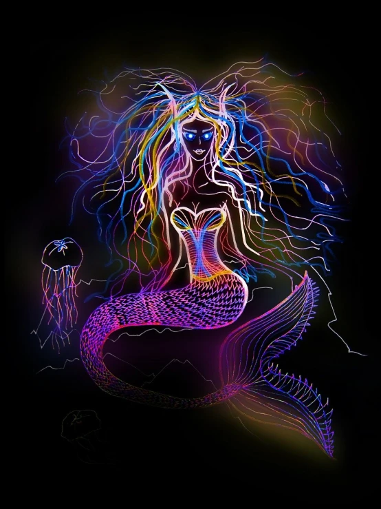 a drawing of a mermaid sitting on a rock, a digital rendering, psychedelic art, neon wires, multicolored vector art, goddess of lightning, beautiful creature