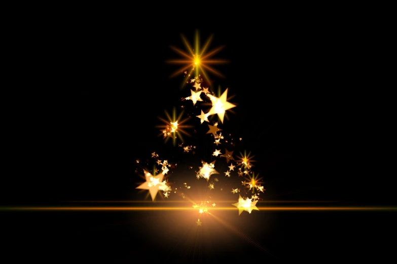 a christmas tree made of stars on a black background, digital art, warm and joyful atmosphere, sparkles and sun rays, created in adobe illustrator, good lighted photo