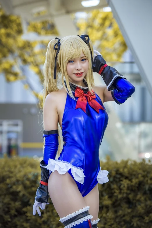 a woman in a cosplay outfit posing for a picture, by Miyamoto, dark blue leotard costume, sandy, negao