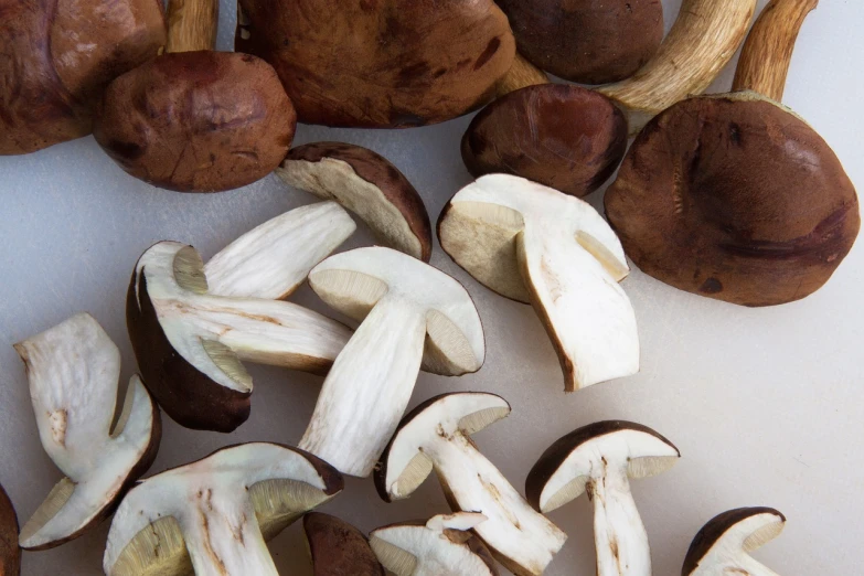 a pile of mushrooms sitting on top of a cutting board, a macro photograph, white with chocolate brown spots, close-up product photo, ramps, a brightly colored