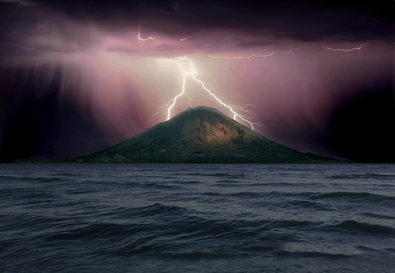 a large body of water with a mountain in the background, a matte painting, by Artur Tarnowski, shutterstock, romanticism, fork lightning, vulcano, stormy snowy fiji mountain, photoreal”