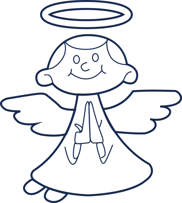 a cartoon angel with a halo on his head, inspired by Ángel Botello, pexels, ascii art, decorative dark blue clothing, black light, she is happy, based on child's drawing