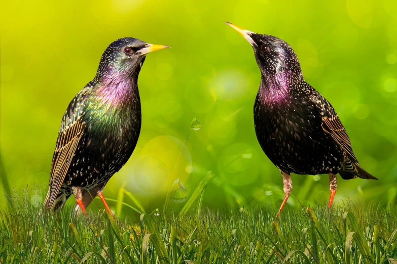 a couple of birds standing on top of a lush green field, trending on pixabay, magic realism, green magenta and gold, singing, photorealistic photo, birds are all over the ground