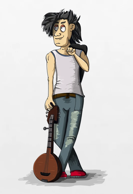 a drawing of a man with a guitar, a character portrait, deviantart contest winner, dressed in a ((ragged)), full body image, cartoon style illustration, disheveled