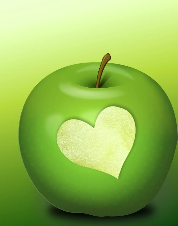 a green apple with a heart cut out of it, a digital rendering, inspired by Heinz Edelman, digital art, close up photo, wikihow illustration, air brush illustration, a beautiful artwork illustration