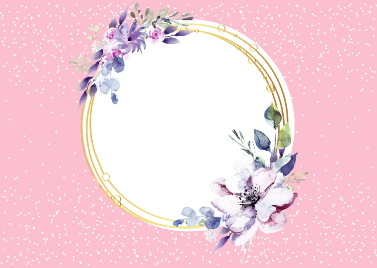 a round frame with watercolor flowers on a pink background, inspired by Maruyama Ōkyo, vibrant color with gold speckles, willowy frame, violet flower, navy
