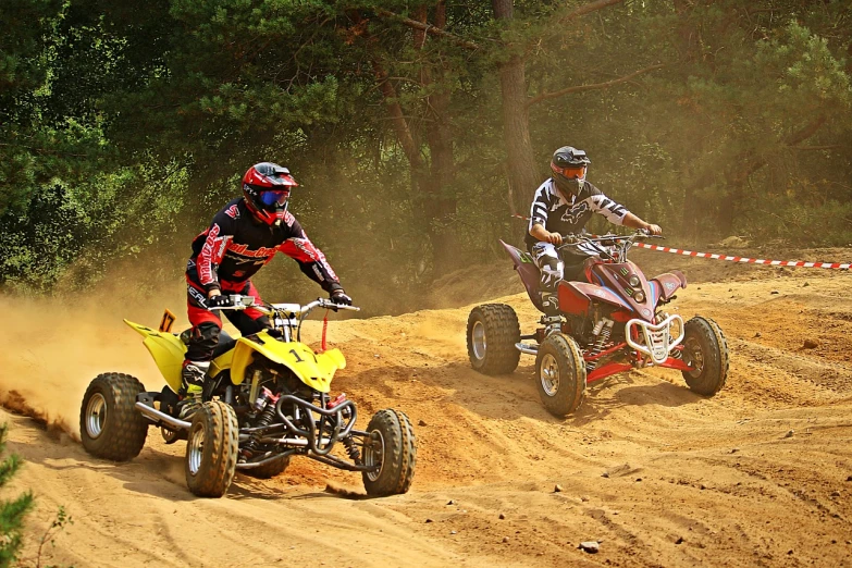 two people riding atvs on a dirt road, a photo, shutterstock, process art, motor sport photography, digital photo, piotr jablonski, museum quality photo