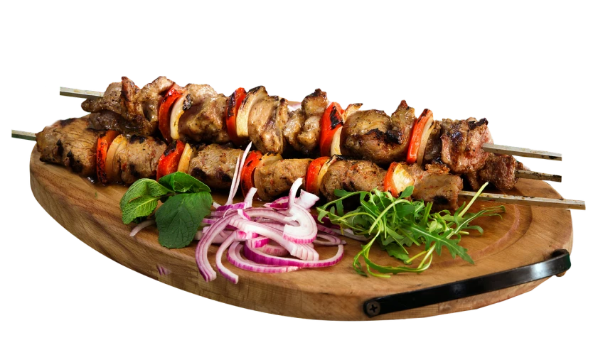 a wooden cutting board topped with meat and veggies, by Zahari Zograf, dau-al-set, skewer, with a black dark background, high detail product photo, full image