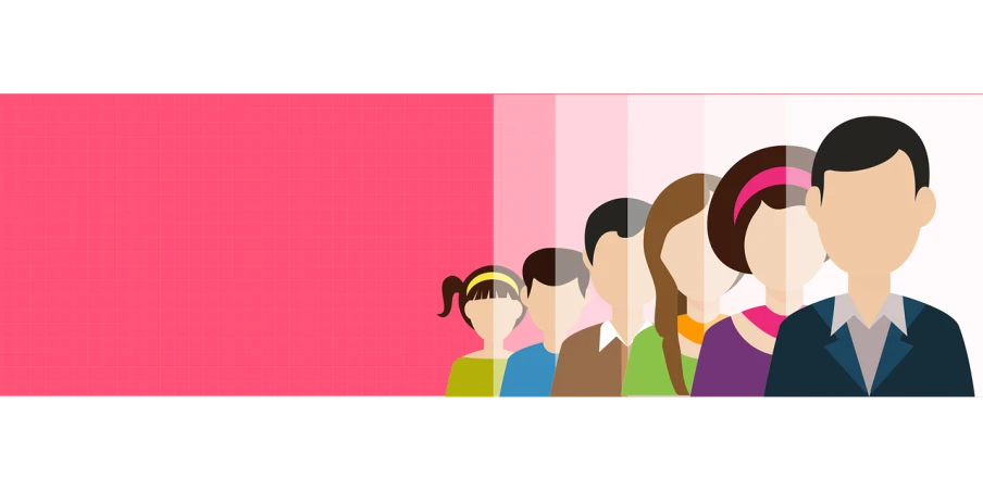 a group of people standing next to each other, by Tadashige Ono, trending on pixabay, conceptual art, pink background, pictures of family on wall, no gradients, wide establishing shot