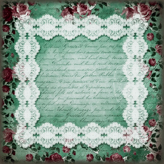 a green background with white lace and red roses, a digital rendering, baroque, full page writings, scrapbook paper collage, industrialpunk papier - colle, writing a letter