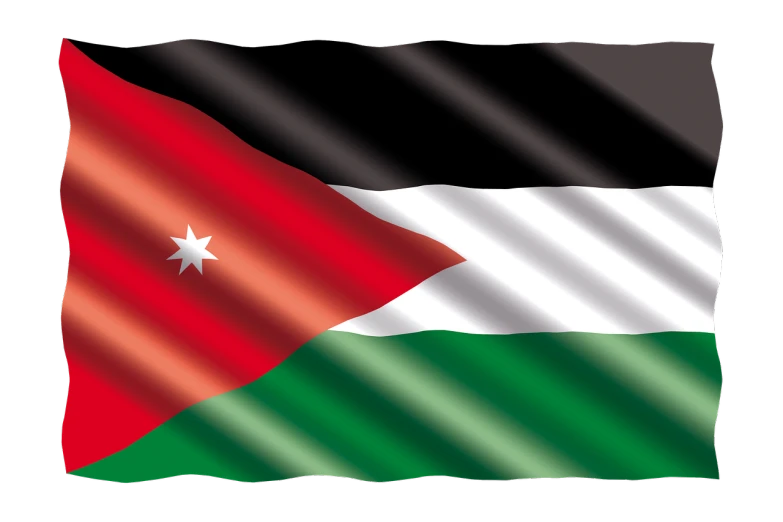 the flag of jordan waving in the wind, an illustration of, by Robert Jacobsen, hurufiyya, trimmed with a white stripe, with a black dark background, star, damaged