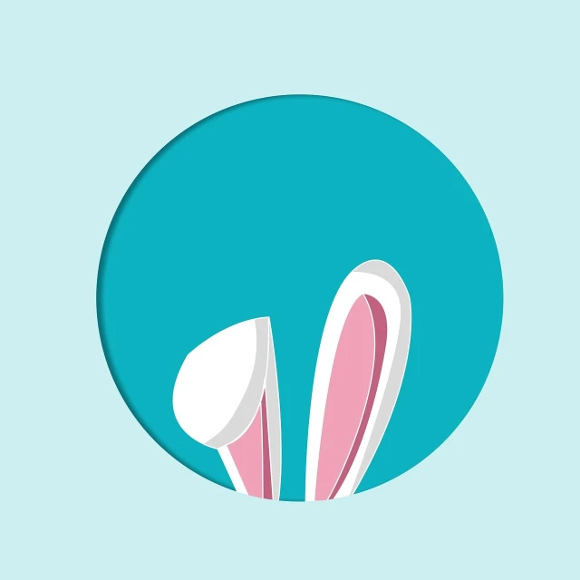 a white rabbit's ears sticking out of a blue circle, vector art, layered paper style, editorial illustration colorful, easter, mouth is simple and pleasant