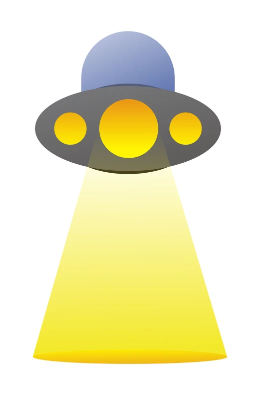 a yellow light illuminates an image of a flying saucer, a cartoon, light and space, top down spotlight lighting, grey alien, torch light, 2 point lights