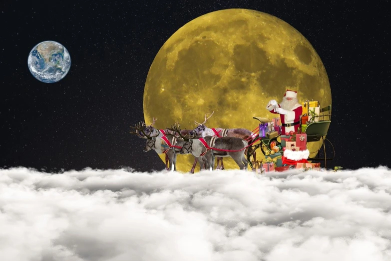 a horse drawn sleigh in front of a full moon, inspired by Ernest William Christmas, trending on pixabay, digital art, flying through the clouds, santa claus, presents, hq 4k wallpaper