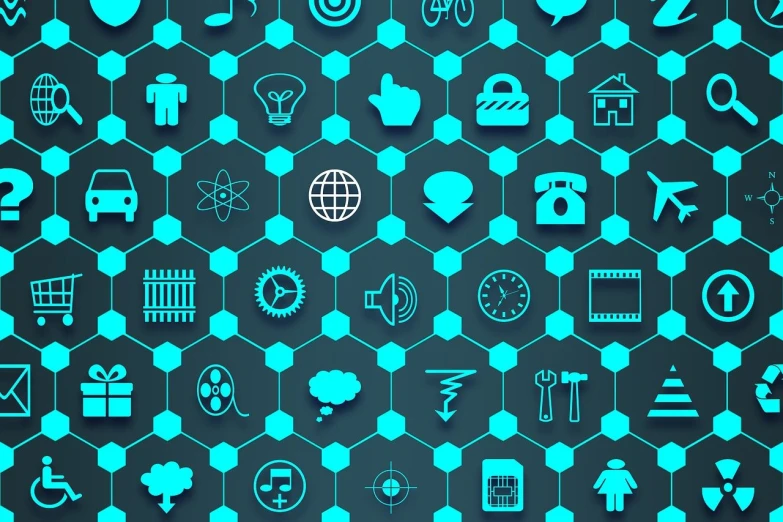 a bunch of blue icons on a black background, shutterstock, conceptual art, hexagonal wall, sensors, electric wallpaper, on simple background