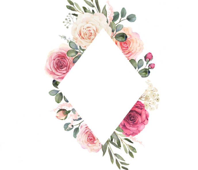 a floral frame with pink roses and green leaves, inspired by François Boquet, instagram, diamond and rose quartz, rectangle, square, large white border
