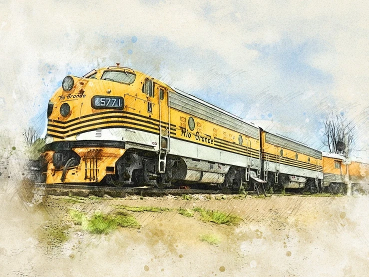a watercolor painting of a train on the tracks, by Jim Nelson, pixabay, on a yellow canva, vintage photo, high resolution details, albuquerque