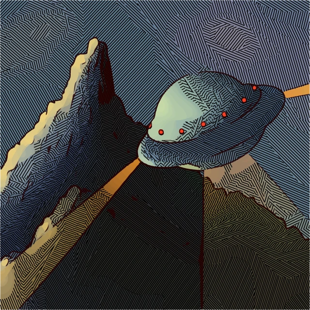 a blue hat sitting on top of a mountain, by Jeffrey Smith, digital art, alien space ship flying in space, trending on pixart, hyper detail illustration, zig-zags. mountains