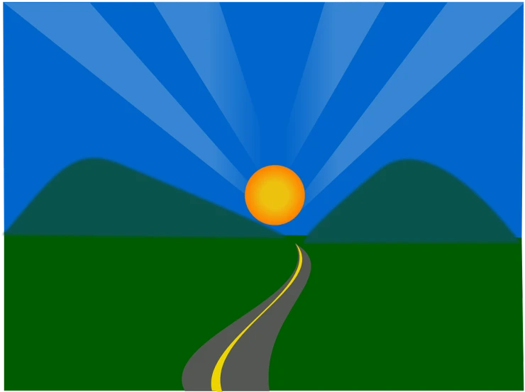 a road going into the distance with mountains in the background, an illustration of, abstract sun in background, clip art, simple path traced, driving