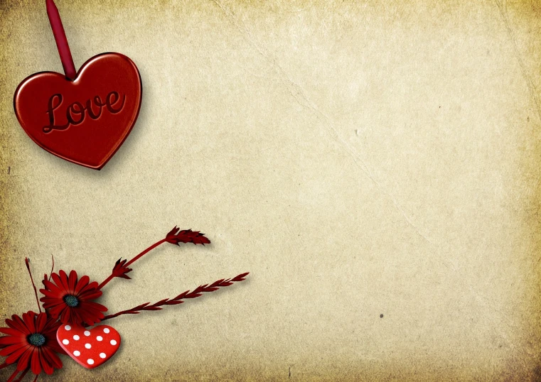a red heart sitting on top of a piece of paper, a picture, by Valentine Hugo, trending on pixabay, digital art, wild west background, beige background, flowery wallpaper, vintage - w 1 0 2 4