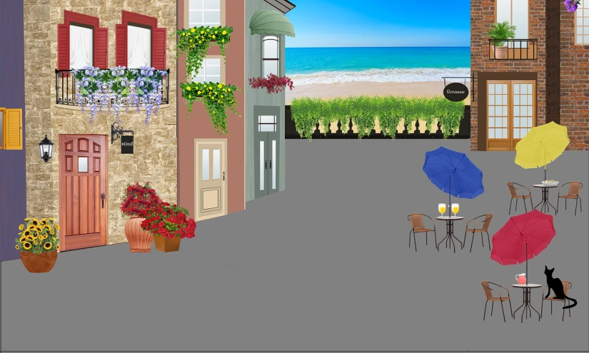 a drawing of a street with tables and umbrellas, a digital rendering, naive art, calm sea and beach background, full view blank background, flower shop scene, flash photo