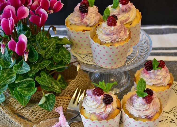 a table topped with cupcakes covered in frosting and topped with berries, a pastel, by Alice Mason, pexels, renaissance, raspberry, tall, cosy, hand made